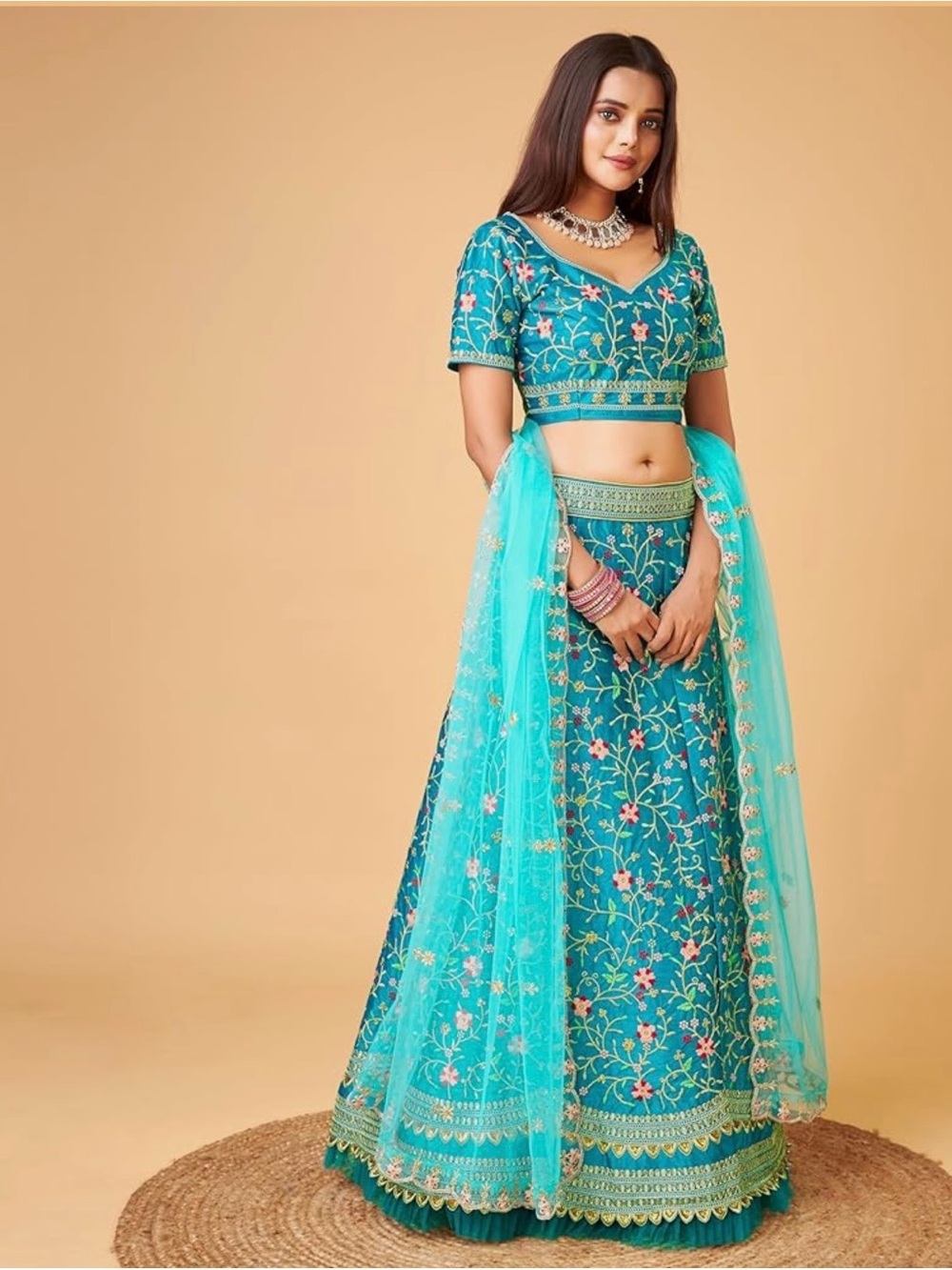 Turquoise Floral Embroidered Bridal Lehenga Choli